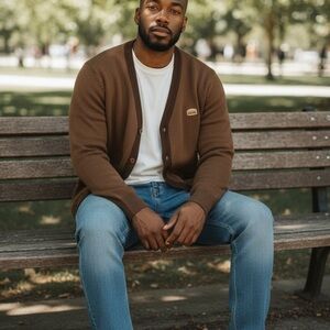 Toddland Unisex Brown Cardigan Sweater Burger Logo Accent